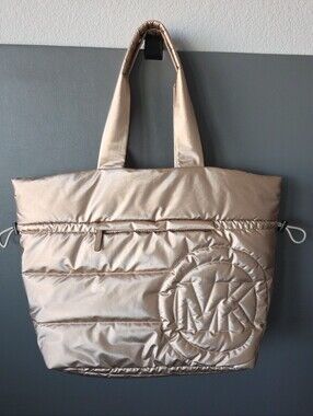 NWT Michael Kors Rae Large Quilted Nylon Tote Bag Rose Gold Metallic Puffer